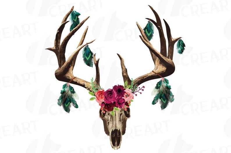 Watercolor Floral Deer Skull Clipart#1