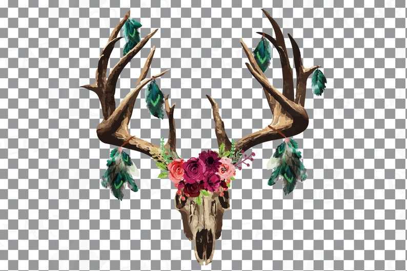 Watercolor Floral Deer Skull Clipart#2