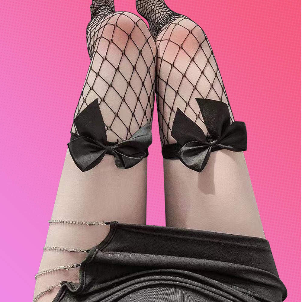Fishnet Stockings with Bow - Black Thigh High