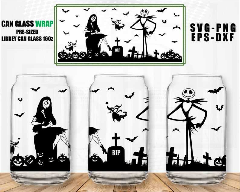 Jack and Sally Libbey Can Glass 16oz Nightmare Before Christmas svg Halloween Can Glass svg eps png dxf File For Cricut Silhouette Perfect for Crafting And Design Projects 