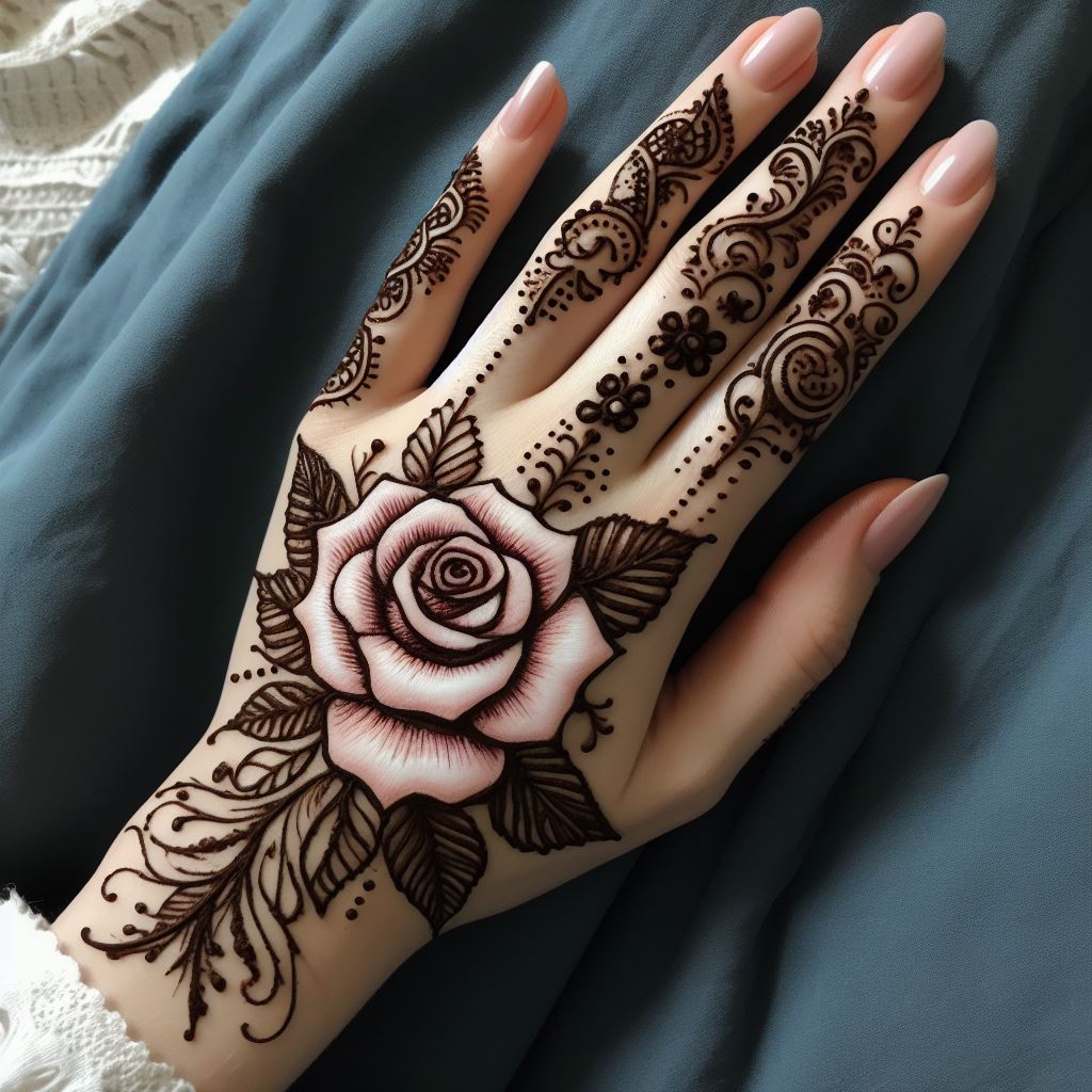 back hand mehndi design, rose mehndi design back hand