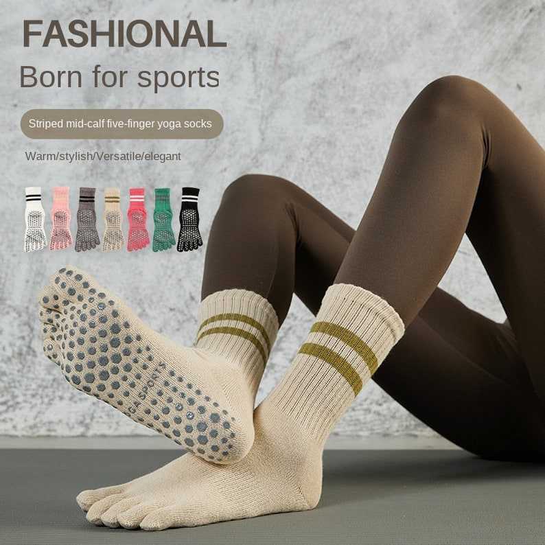 Autumn and Winter Striped Yoga Socks Multi finger Non slip Socks Middle  tube Professional Women Pilates Socks