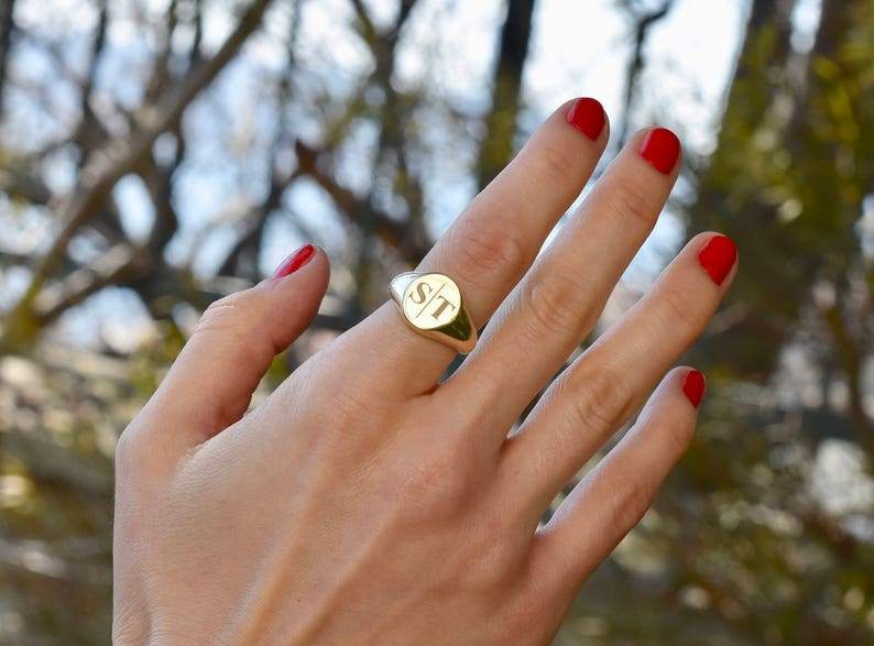 Custom Initial Ring - 14K gold double initial ring monogram signet rin -  Monster