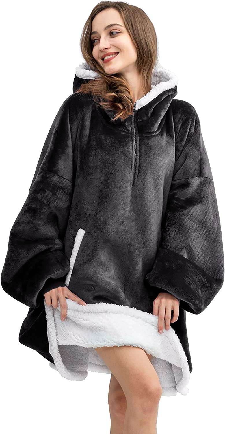 HBlife Oversized Wearable Blanket Hoodie for Adult, Thick Sherpa Sweatshirt  with Elastic Sleeves and Giant Pockets Super Warm and Cozy Fuzzy Plush