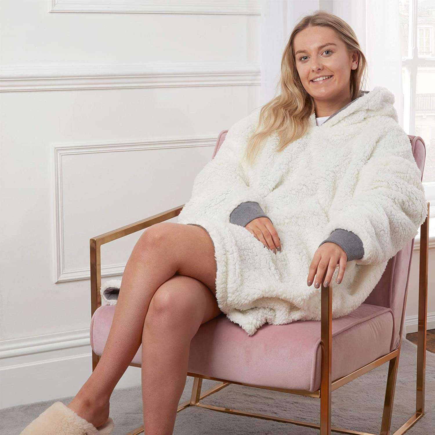 Sienna Hoodie Blanket Ultra Plush Wearable Sherpa Oversize, Silver