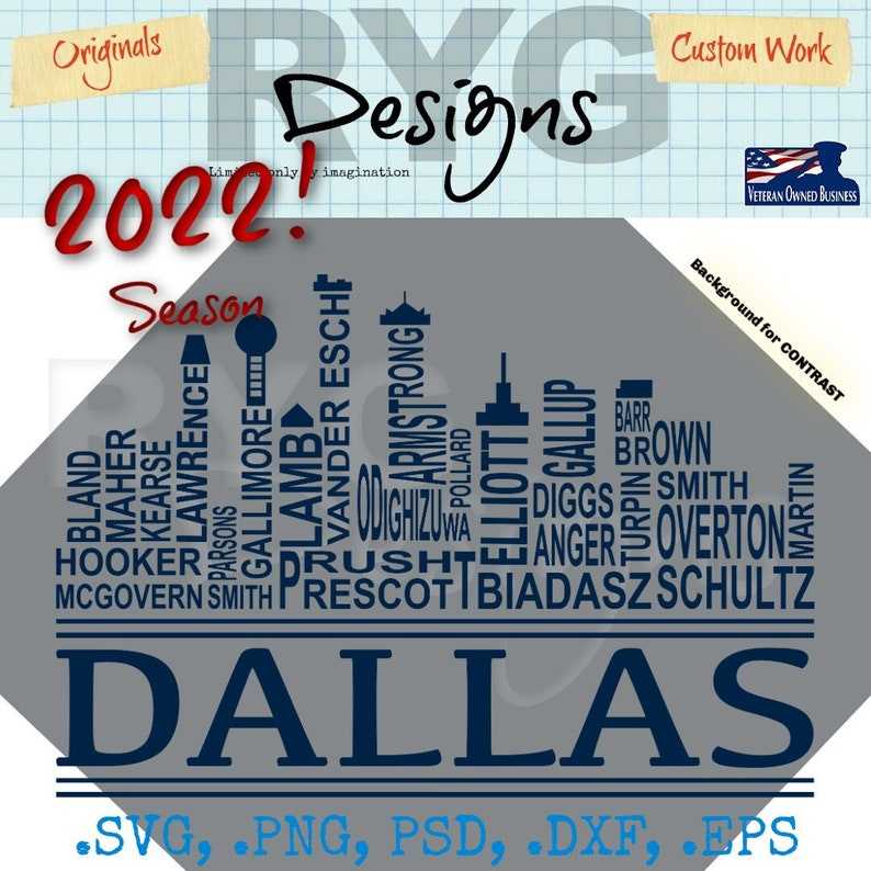 Dallas City Skyline Pro Football Team Names Graphic#1