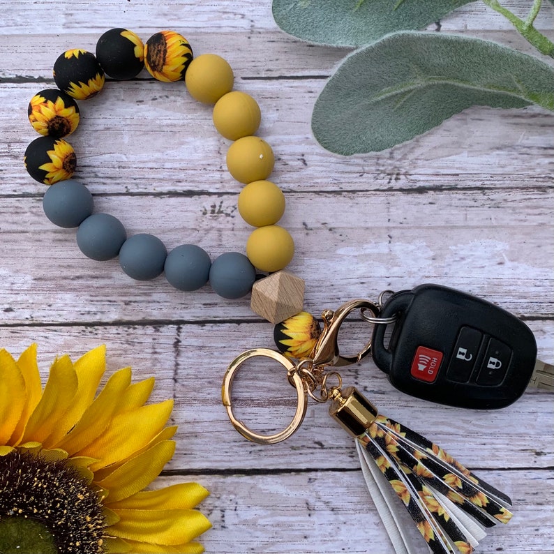 Silicone Beads Sunflower printing Wristlet Keychain Bracelet Keys