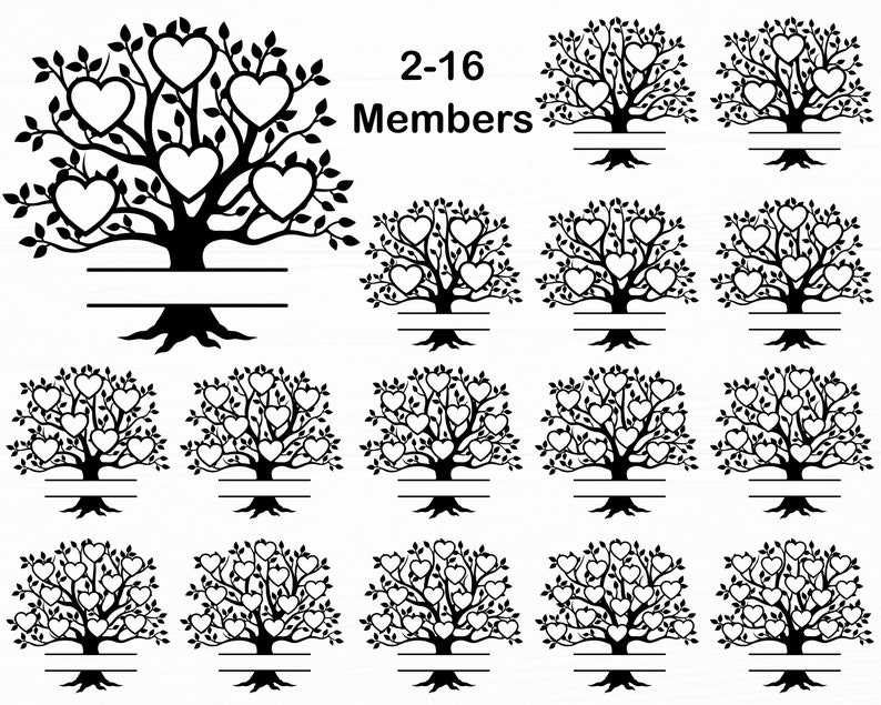 Family Tree Svg With Names, Family Tree Svg Bundle 2-16 Members Tree Of Life Svg Family Svg Heart Tree Svg