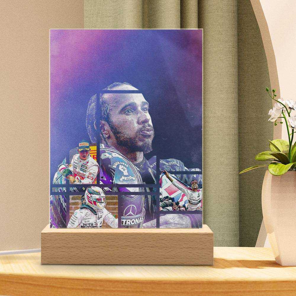 Lewis Hamilton Lamp RECORD 92 RACE WINS by Lewis Hamilton Lamp with Wooden Base