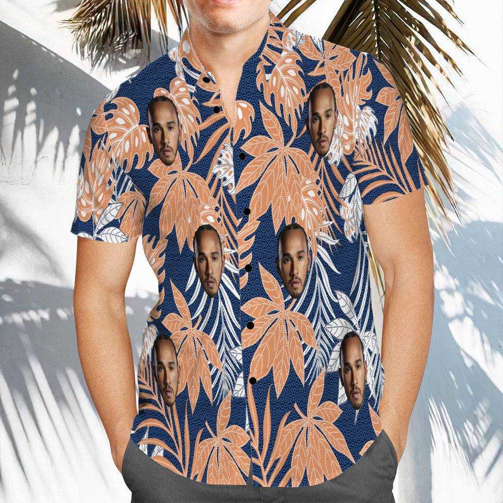 Lewis Hamilton Hawaiian Shirt Custom Photo Hawaiian Shirt Blue Leaves Hawaiian Shirt