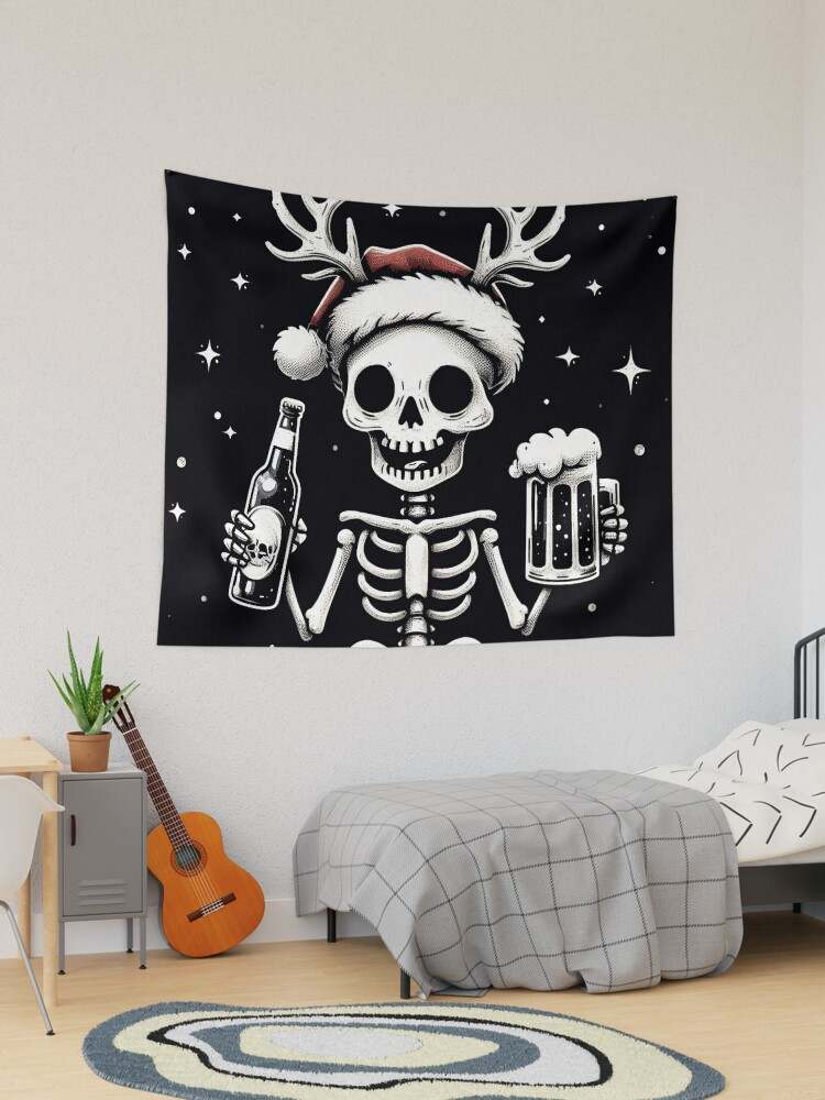 Funny Wall Tapestry Highest Quality Tapestrys Christmas Skeleton Drinking Beer Tapestry#1
