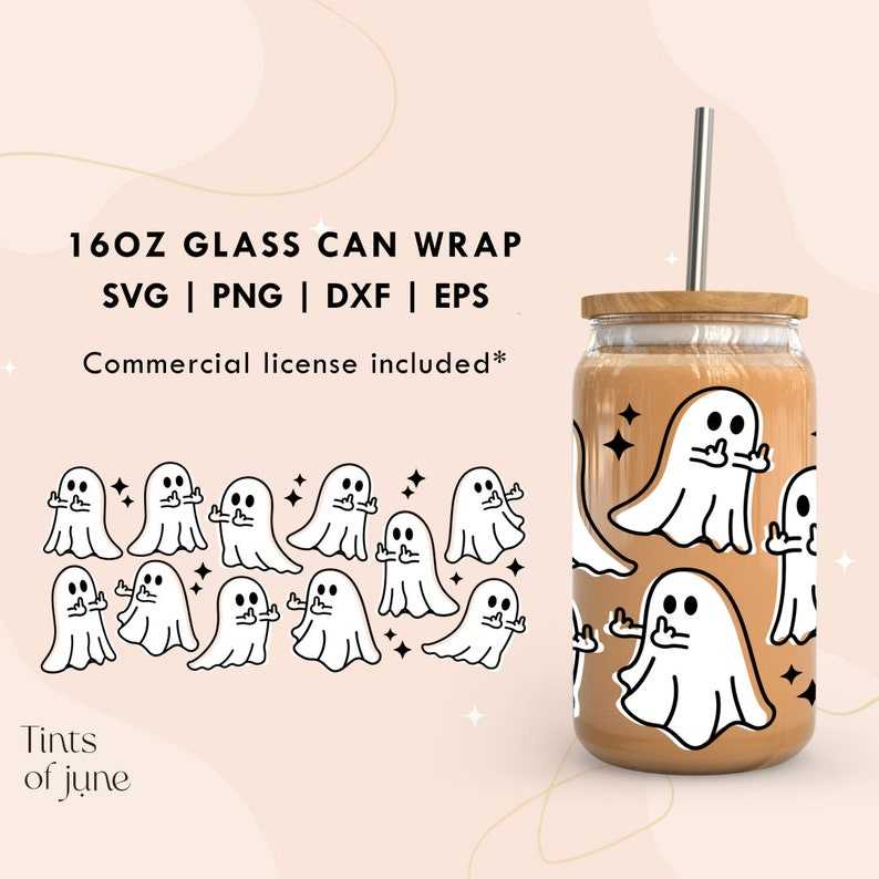 Middle Finger Ghost Svg, Ghost Libbey Glass Svg - 16oz Glass Can Wrap - Cute Ghost Glass Can Svg#1