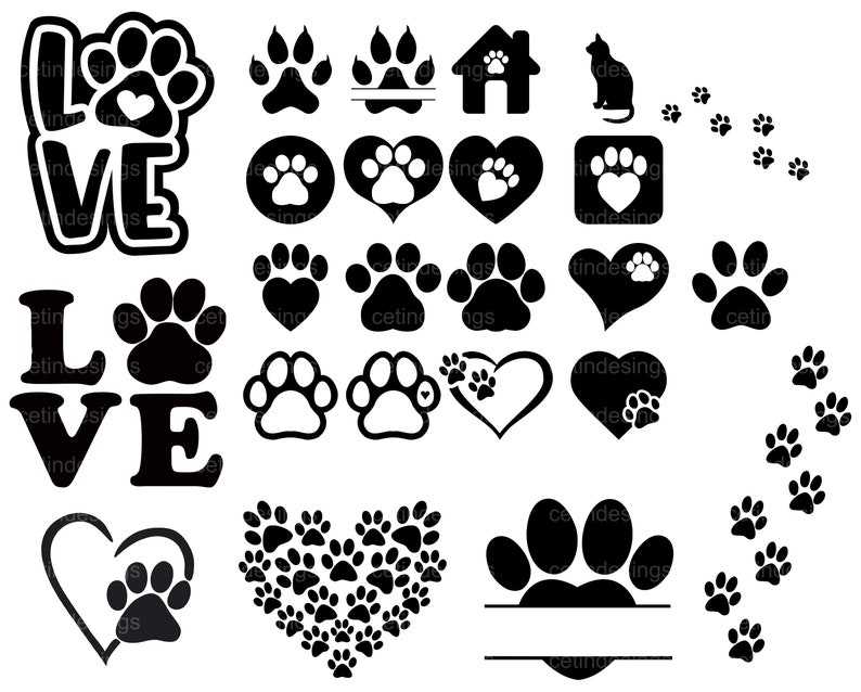 Dog Paw Print SVG Bundle, Heart Paw print, Dog House SVG