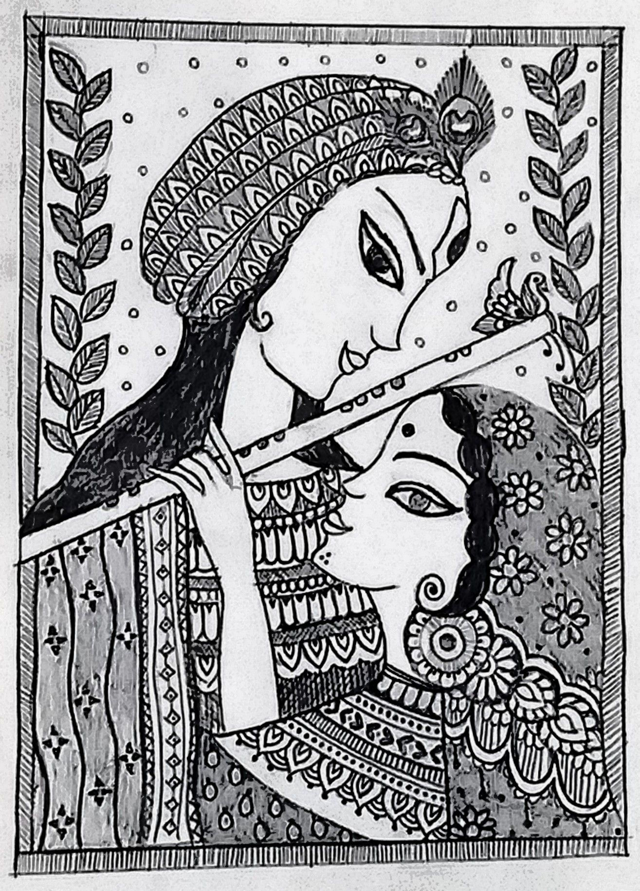 Radha Krishna Madhubani drawing