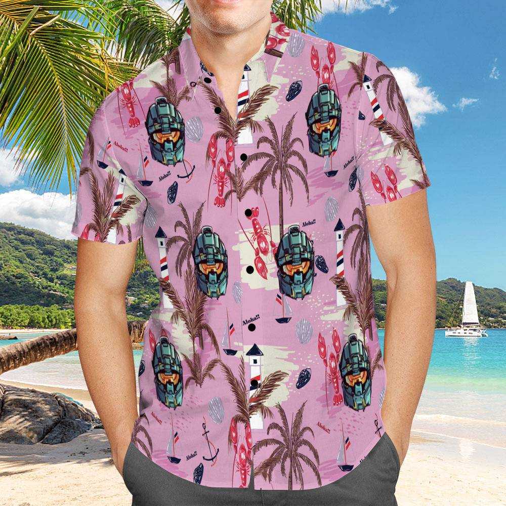 Halo Hawaiian Shirt Custom Photo Hawaiian Shirt Pink Chinoiserie Print Hawaiian  Shirt