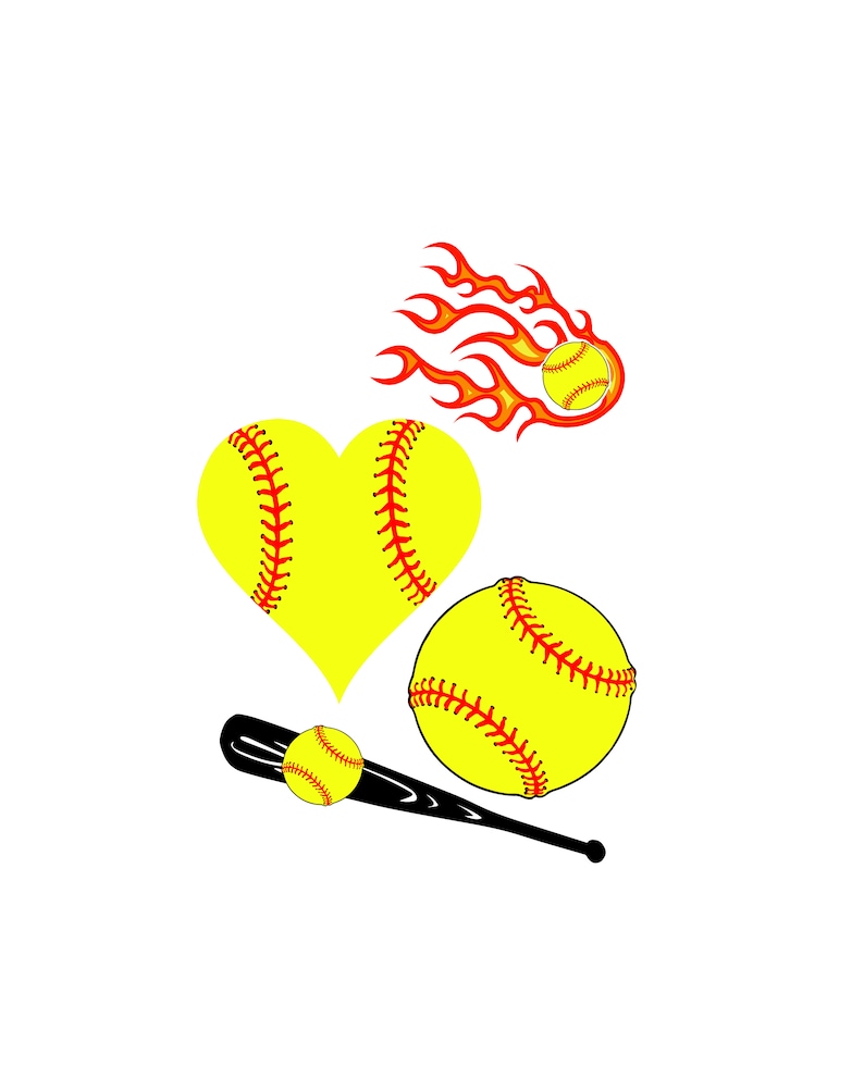 Softball Heart Bat Fire Svg Collection, Softball Heart Svg, Softball Heart SVG, SVG File, Softball SVG Files