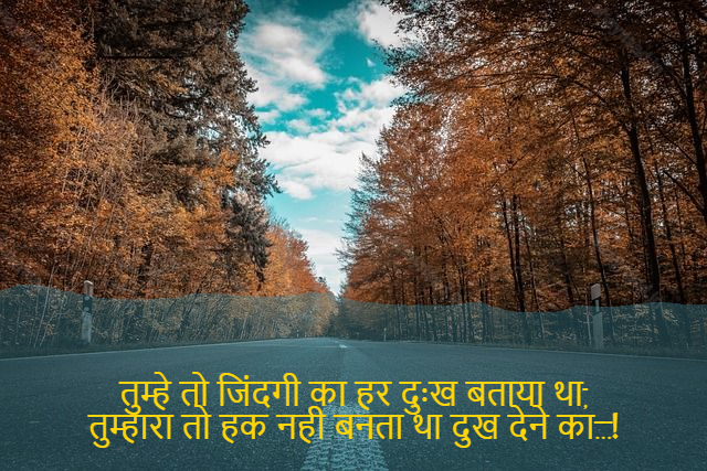 sad shayri (shayari) in English-तुम्हे तो जिंदगी का हर दुःख बताया था,
तुम्हारा तो हक नही बनता था दुख देने का…!-For every misery you have been living,
You had no right to grieve...