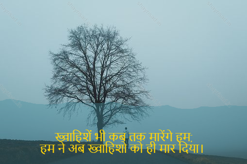 sad shayri (shayari) in English-ख्वाहिशें भी कब तक मारेंगे हम,
हम ने अब ख्वाहिशो को ही मार दिया। -Then when shall we hit it,Then we only destroyed our desires."