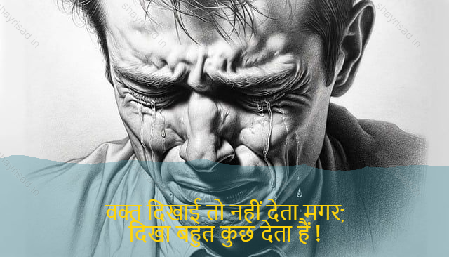 sad shayri (shayari) in English-वक्त दिखाई तो नहीं देता मगर,
दिखा बहुत कुछ देता हैं !-I don 't see the time but I say,
Showing off gives a lot!