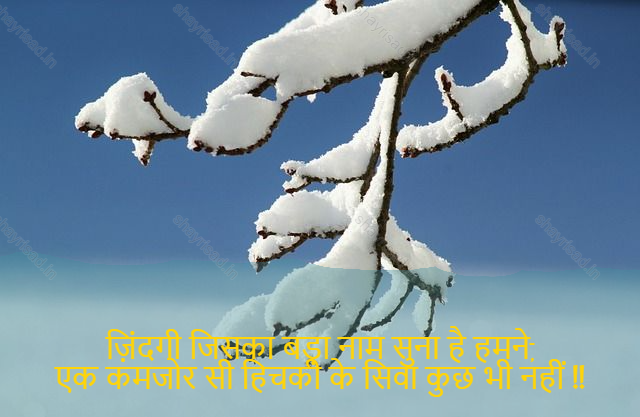 sad shayri (shayari) in hindi for life-ज़िंदगी जिसका बड़ा नाम सुना है हमने,
एक कमजोर सी हिचकी के सिवा कुछ भी नहीं !!-The life we've heard of so great a name,
Nothing but a weak c hiccup!!