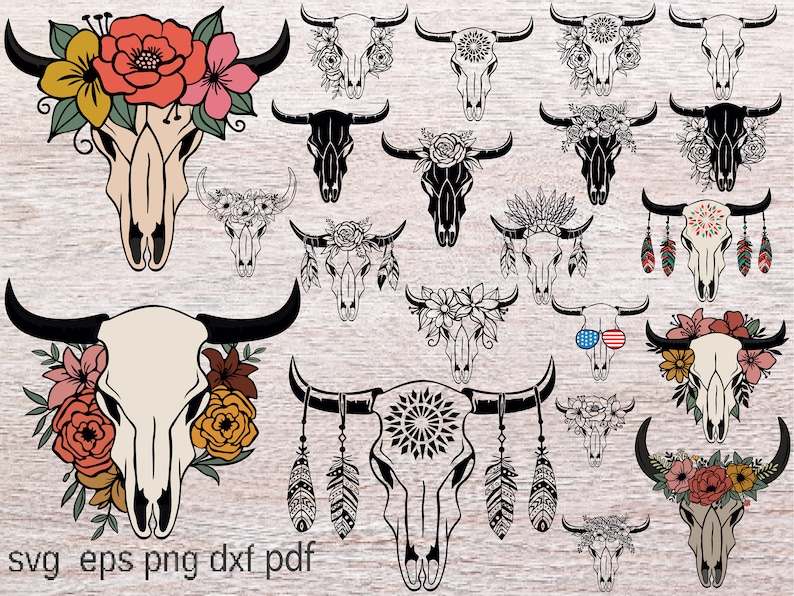 Cow Skull with Feathers SVG, Cow Skull Svg File 