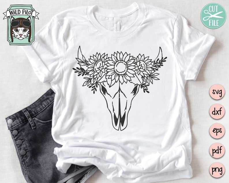 Cow Skull with Flowers SVG File, Cow Skull Sunflowers Svg File 