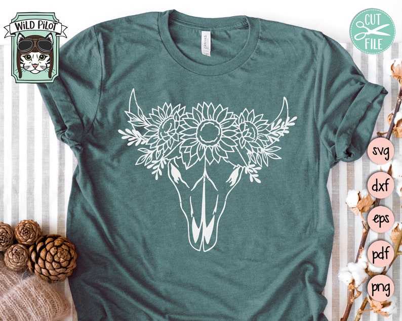 Cow Skull with Flowers SVG File, Cow Skull Sunflowers Svg File#3