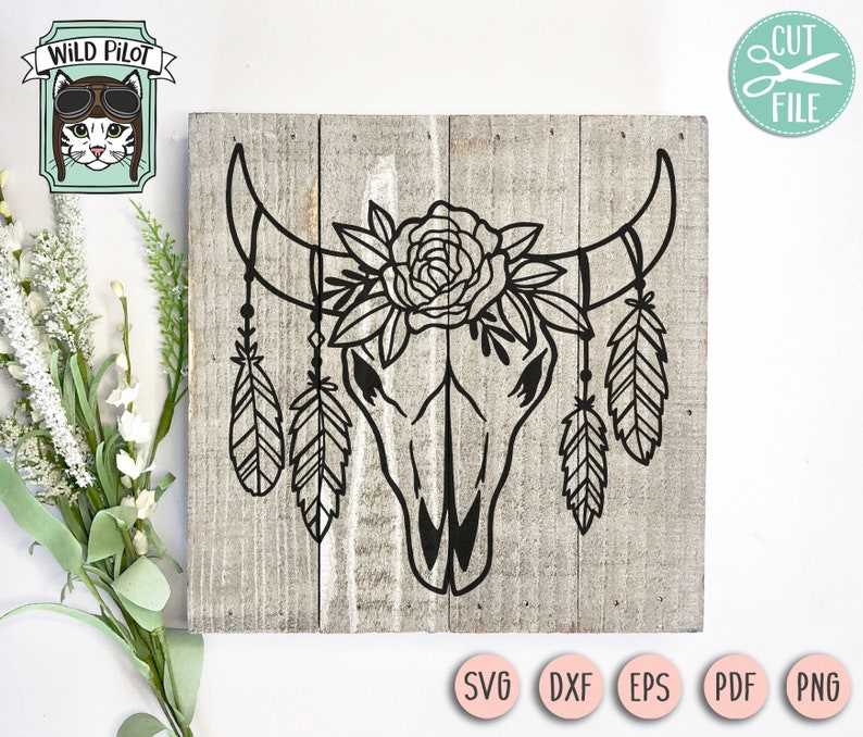 Cow Skull with Flowers SVG file, Cow Skull Floral Feathers Svg#1