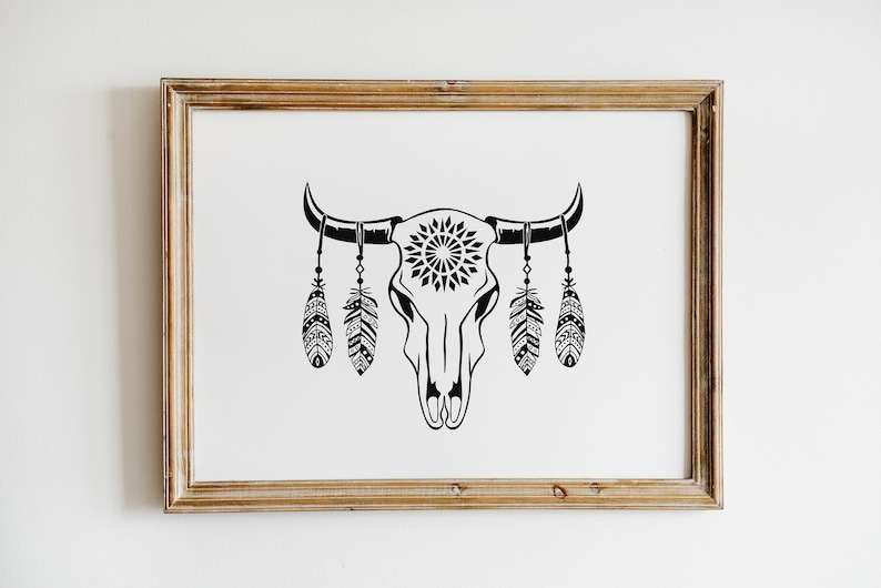 Cow Skull with Feathers SVG, Cow Skull Svg File