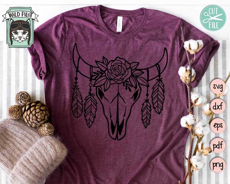 Cow Skull with Flowers SVG file, Cow Skull Floral Feathers Svg#3