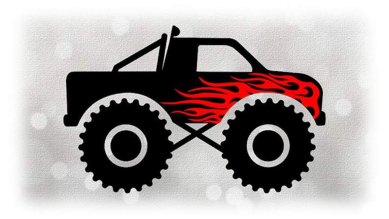 Monster Truck Svg, Simple Black Monster Truck Drawing With Red Fire Flames SVG#1