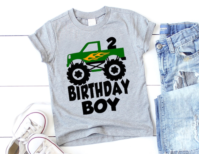 Monster Truck Birthday Svg, Birthday Boy SVG 2nd Birthday Monster Truck With Flames Shirt Design For Boys