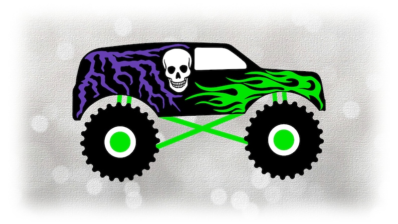 Simple Monster Truck Svg, Layered Black Monster Truck White Skull Green Flames Purple Lightning SVG