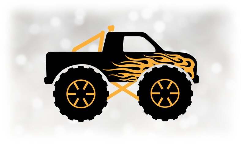 Simple Monster Truck Svg, Black Monster Truck With Yellow Gold Fire Flames SVG#1