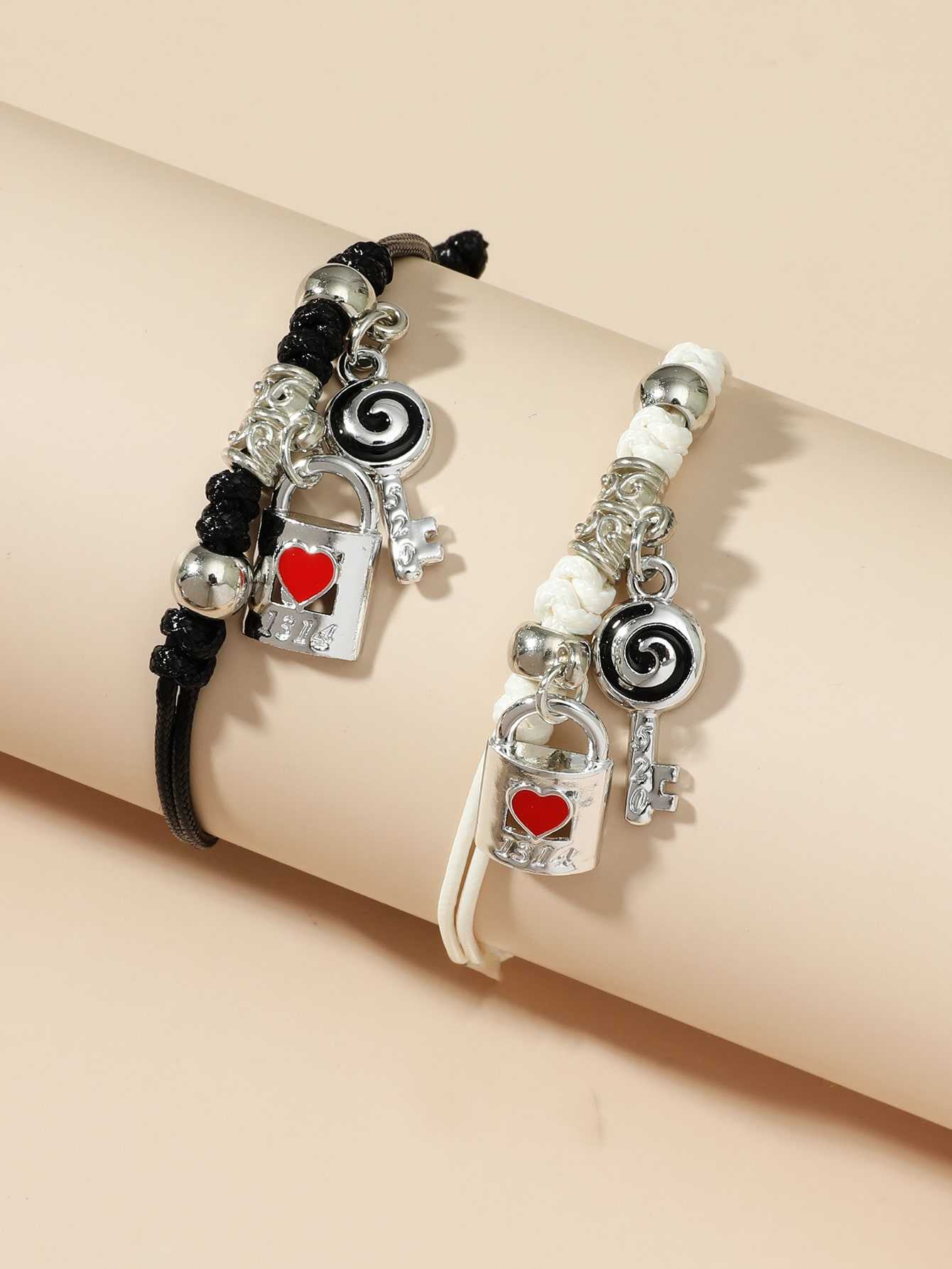 2pcs Couple Key and Lock Charm Bracelet Letter Bracelet Engraving Bracelet  Friendship Jewelry Handmade Matching Bracelet