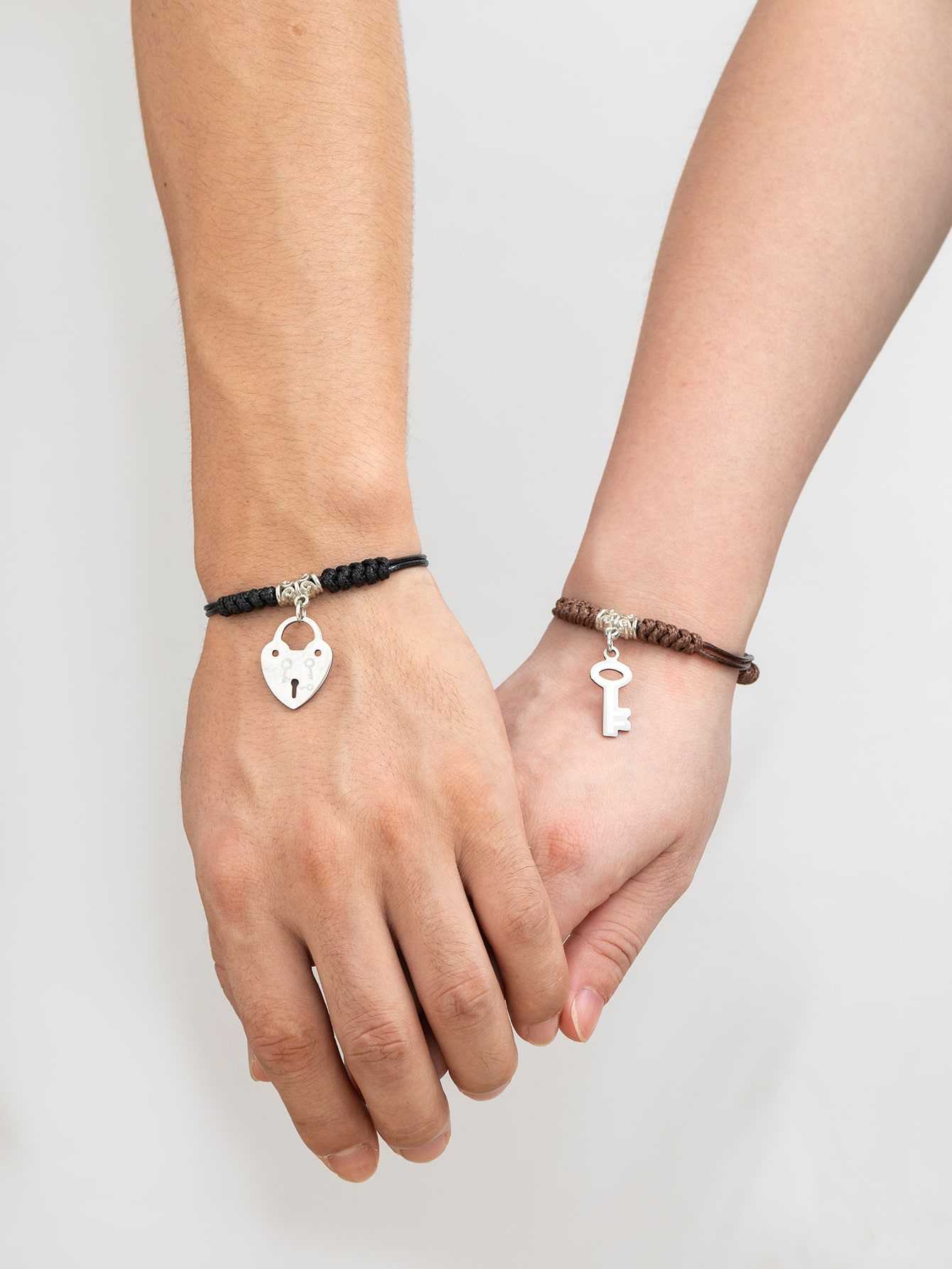 2pcs Couple Key and Lock Charm Bracelet Letter Bracelet Engraving Bracelet  Friendship Jewelry Handmade Matching Bracelet