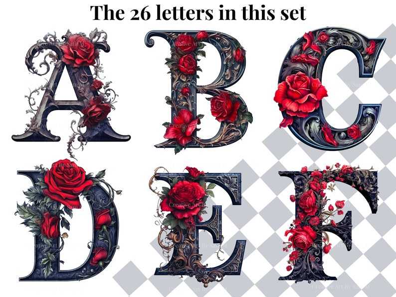 Horror Svg Font, Gothic Rose PNG Antique Letters for Commercial Use Font Bundles