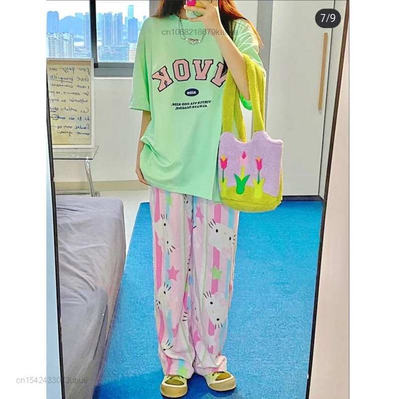 Kaiwaii Hello Kitty Pants Wide Leg Women Girl Casual Loose High