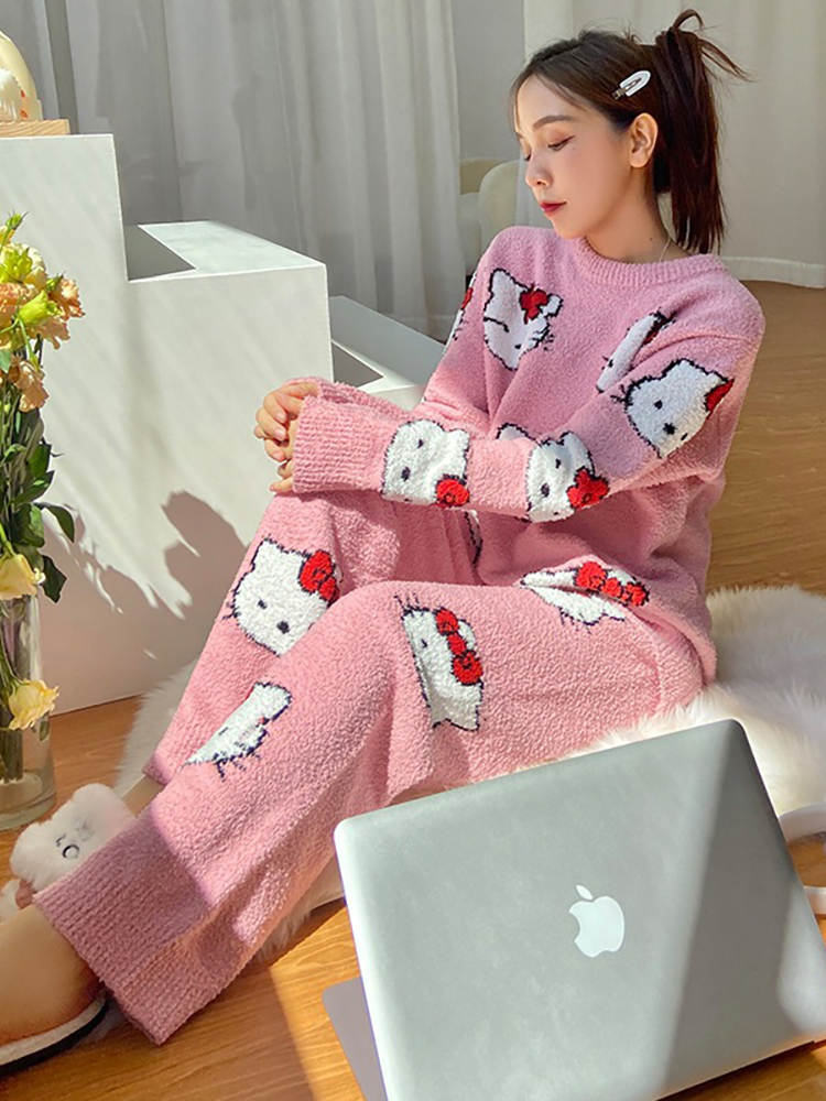 Cartoon Sanrio Hellokitty Cute Fluffy Flannel Sleep Bottoms Women's Pajamas  Pants Coral Velvet Plush Warm Casual Home Pants Gift