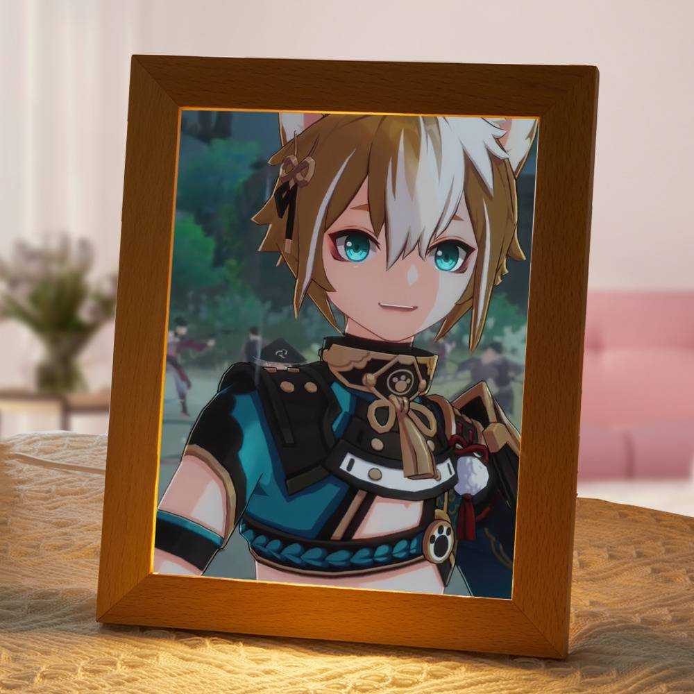 wood frame light painting anime character