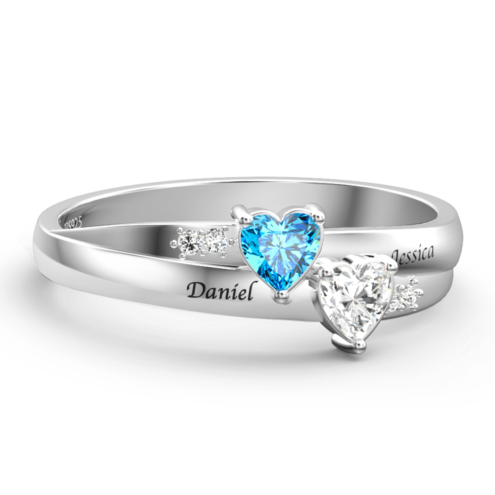 Engraved Double Heart Birthstone Promise Ring Silver Personalized