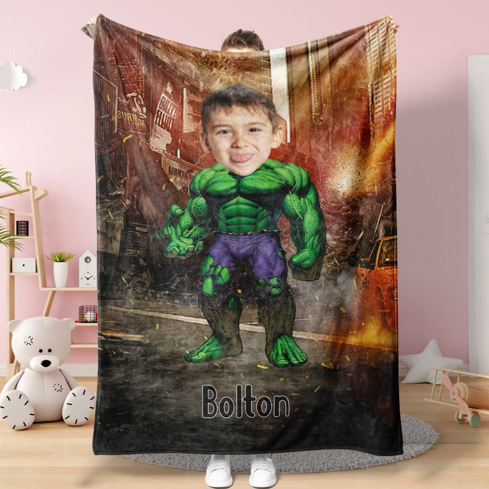Custom Face Blanket Personalized Photo and Text Super Hulk Blanket