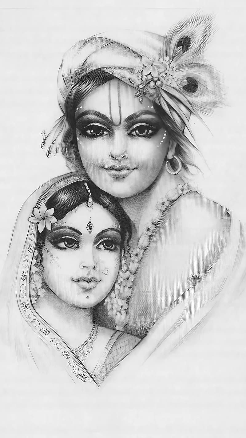 Love Radha Krishna Sketch Wallpaper