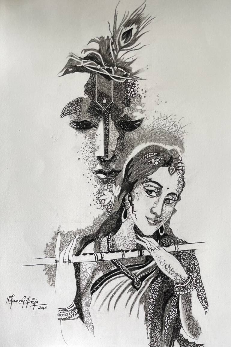 Love Radha Krishna Sketch Wallpaper
