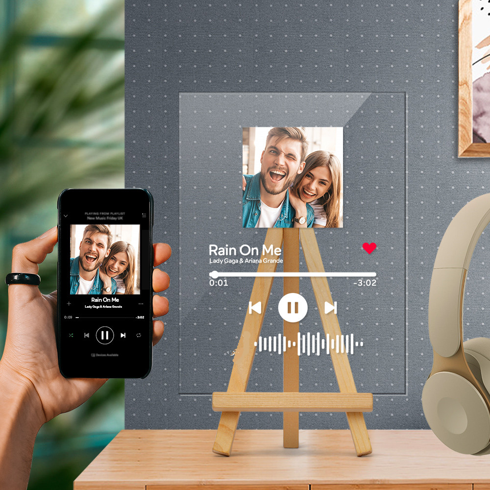 Cadre Photo Lumineux Personnalisé Avec Musique – Veilleuse Spotify, Base En Bois, Cadeau Romantique