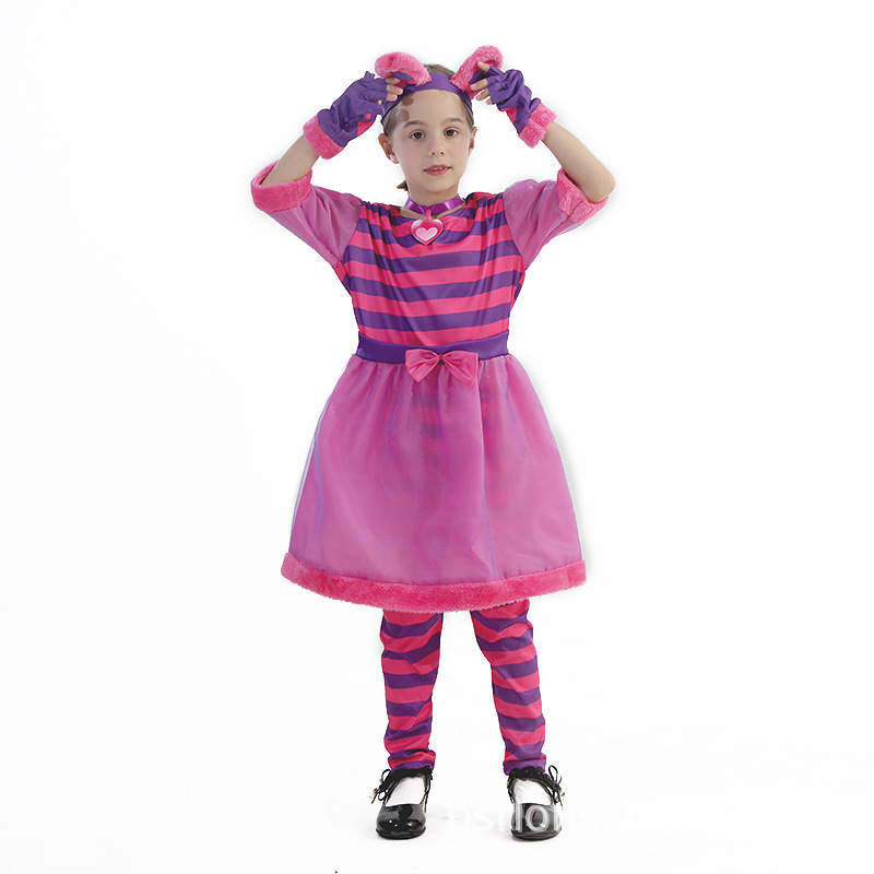 Youth Pink Purple Striped Leggings Cheshire Cat Dress up Costume