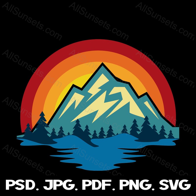 Mountain Lake Retro Sunset Svg, Mountains And Trees Svg