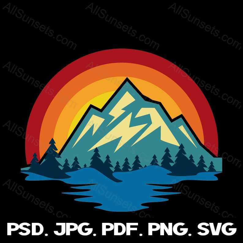 Mountain Lake Retro Sunset Svg, Mountains And Trees Svg#1