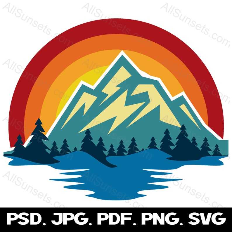 Mountain Lake Retro Sunset Svg, Mountains And Trees Svg#2