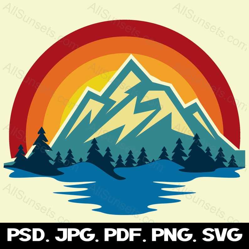 Mountain Lake Retro Sunset Svg, Mountains And Trees Svg#3